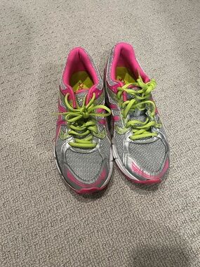 Asics Women's Silver Running Shoes with Pink Accents and Lime Laces